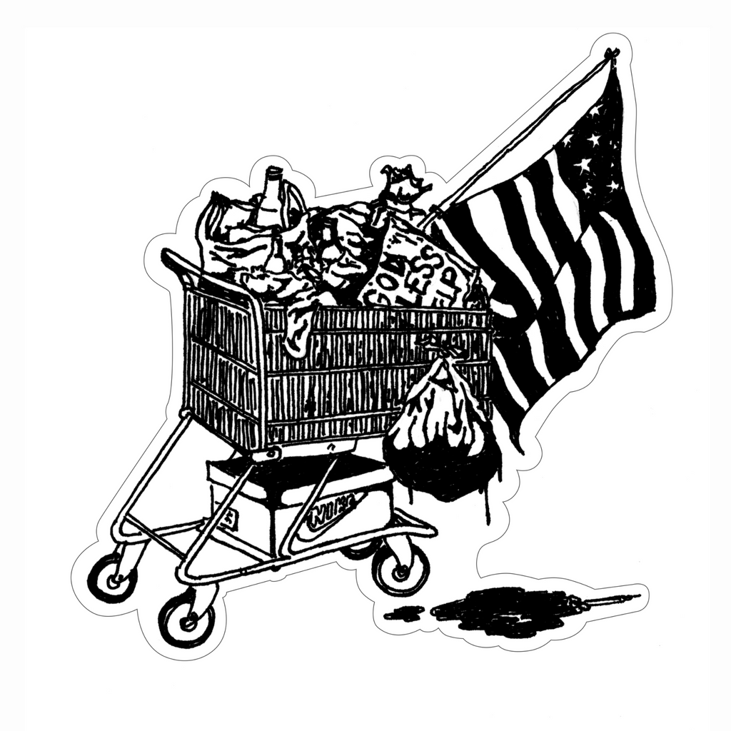 Black and White original illustration drawn by Raw Deal of a shopping kart full with an American flag